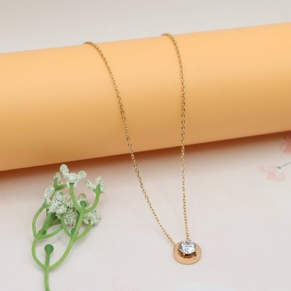 Minimalist Rose Gold Solitaire Necklace with Dainty Round Pendant, XPNL0176 - Picture 9 of 13